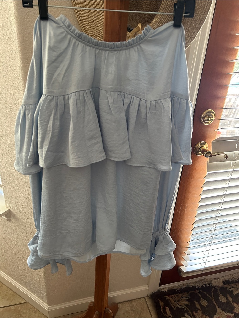 THE DROP Light Blue Off-Shoulder Ruffle Tunic Top by The Drop.